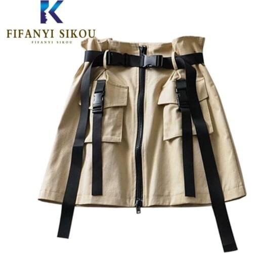 Streetwear Women High waist Skirt Big Pocket Zipper Fashion Mini Skirt Female Summer Casual Loose A-Line Short Skirts With Belt