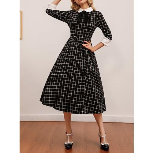 3/4 Long Sleeve Vintage Plaid Dress VD1663 Vintage Tunic Rockabilly Black Gingham Spring Rockabilly Swing Midi Dresses For Party