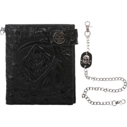 D0LF Vintage Skull Leather Wallet With Anti Theft Chain Men Bifold ID Credit Card Holder