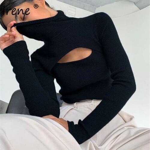 Irene Turtleneck Rib Knitted Tops Casual Slim Baic Thin Sweaters Jumpers Fashion Sexy Hollow Out Black Apricot Women Pullovers