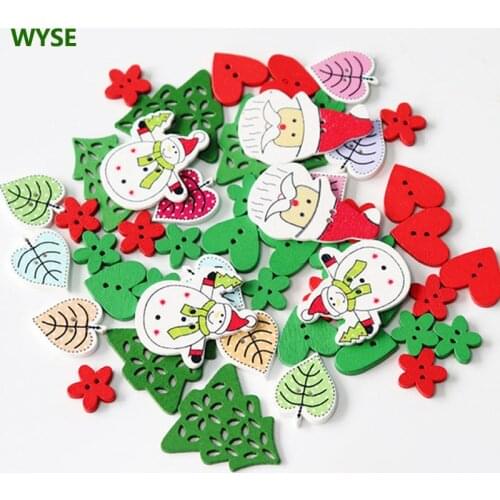 WYSE 50pc Wood Button Natural Print Christmas Snowflake Tree Heart Leaves Sewing Buttons Scrapbook DIY Craft Wooden Bottons