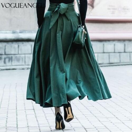 2021 Women Slit Long Maxi Skirt Vintage Ladies Fashion Pleated Flared Pockets Lace Up Bow Plus Size 4XL Skirt