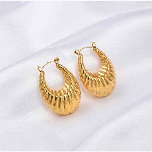 FYSARA Summer New Exaggerate Female Stylish Hollow Oval Round Texture Croissant Hoop Earrings Stainless Steel Plating Gold Hoops