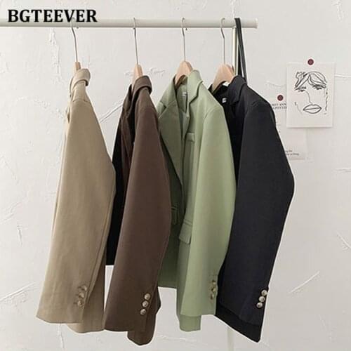 BGTEEVER Casual Basic Notched Collar Solid Suit Jackets Female Single-breasted Loose Women Blazer Autumn Winter Outwear 2021