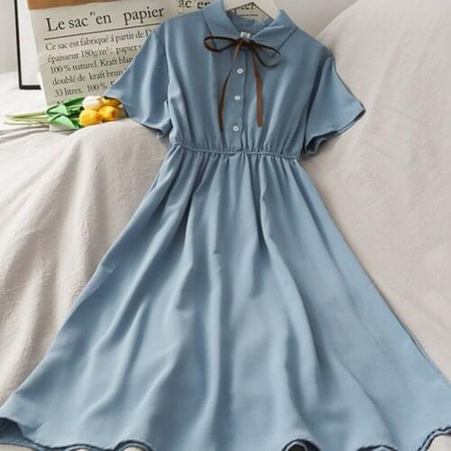 Women Chiffon Bow Dress High Waist Turn-down Collar Preppy Style Kawaii Popular Temperament Girls Summer Holiday Dresses
