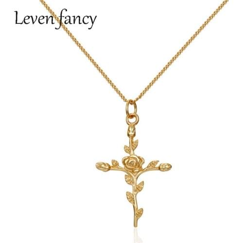 925 Sterling Silver Romantic Rose Flower Cross Pendant Necklace for Women Girls Cuban Chain Necklace Religion Faith Jewelry