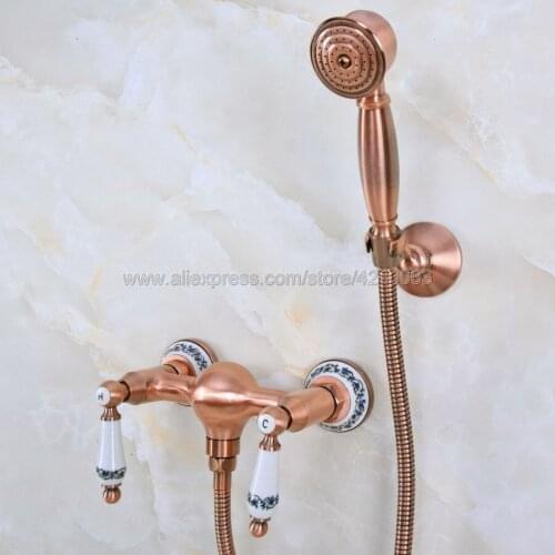 Antique Red Copper Bath Faucets Wall Mounted Bathroom Basin Mixer Tap Crane With Hand Shower Head Bath & Shower Faucet Kna303