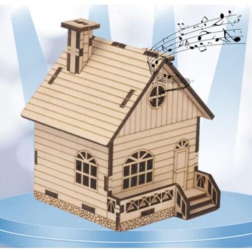 Wooden DIY Handmade 3D Puzzle House Hand-cranked Music Box Jigsaw Toys for Girls Boys Model Assembly Building Blocks Kits Gifts