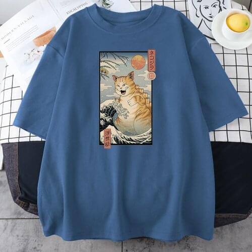 Waves And Big Cat Japanese Style Print Women t-Shirts Summer Cartoons Clothing Casual Fit Tshirts Kawaii Print Female Tee Shirt