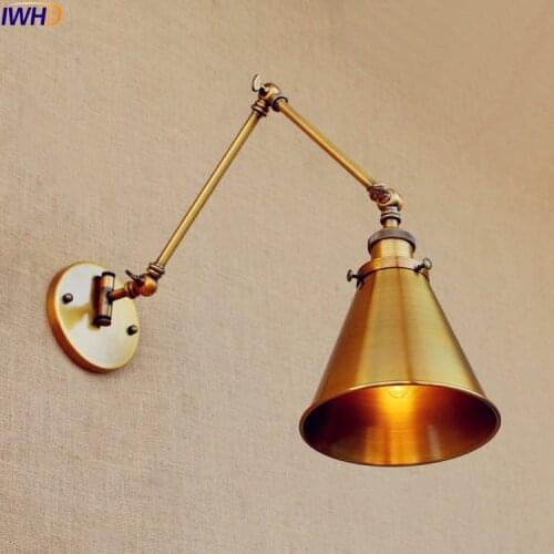 IWHD Loft Copper Antique Vintage Wall Light Fixtures Swing Long Arm Wall Lamp LED Edison Sconce Lampara Pared Industrial