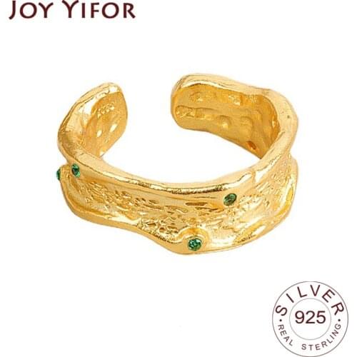 925 Sterling Silver Green Zircon Bump Matte Gold Color Rings Retro Distressed Opening Handmade Ring Fashion Fine Jewelry