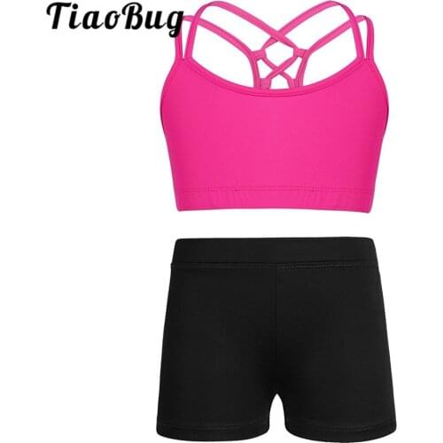 Kids Girls Spaghetti Straps Bra Crop Top with Shorts Set Workout Activewear Child Ballet Gymnastics Stage Performance Dancewear