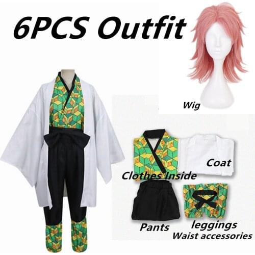 Anime Demon Slayer Kamado Sabito Cosplay Costumes Kimetsu No Yaiba Full Set Carnival Costume Kimono Men Uniforms Cosplay Wigs