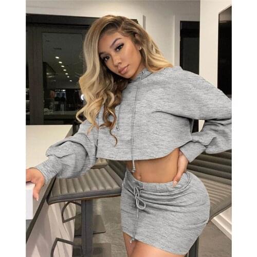Two Piece Set Hooded 2020 Sexy Crop Top and Skirt Fall Winter Workout Sweat Suits 2 Piece Sets Womens Outfits Pullover Casual