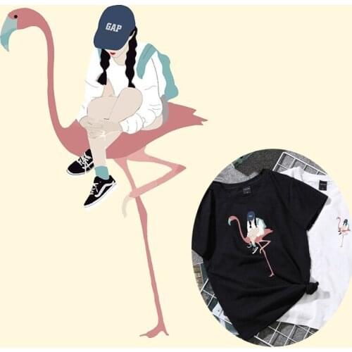 Hot Fashion Cartoon Flamingo Girl Iron On Patches Stickers Washable Appliques A-level Heat Transfer For DIY Clothing Accessory