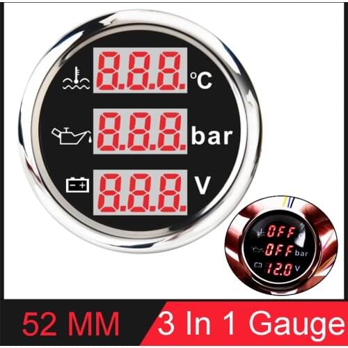 Boat Multi-Function Digital Gauge 3 in 1 Water Temp Oil Pressure Voltmeter With Alarm Red Backlight Meter For Car Boat Universal