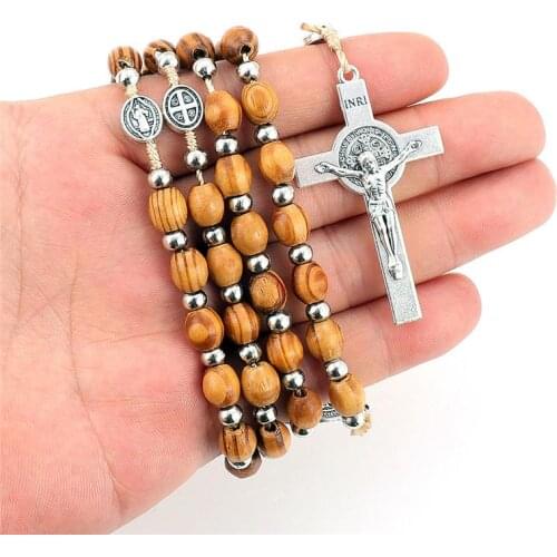 Fashion Cross Pendant Necklaces For Men Women Wooden Beads Rosary Cross Jesus Necklace Christian Catholic Religious Jewelry