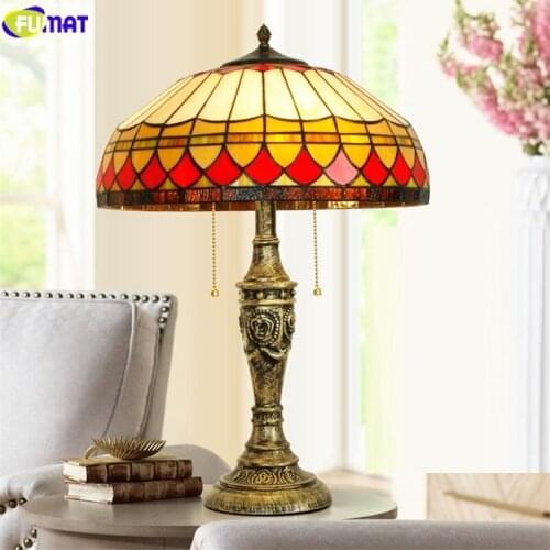 FUMAT Tiffany Style Table Lamp Stained Glass Lampshade Alloy Frame Desk Light Handcraft Nordic Classical Art Home Decor Lighting