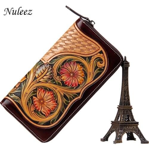 Nuleez Genuine Cowhide Leather Wallet Women Handmade Carving Clutch Bag Vintage Luxury Purse 2021 New