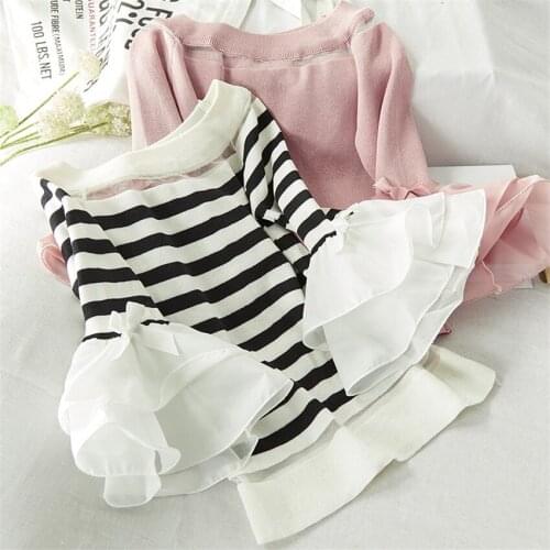 Gowyimmes Autumn Slim Women Lady Flare Sleeve Sweater Striped Knitted Sweaters Female Tops Brief Pullover Winter Bottomings 1023