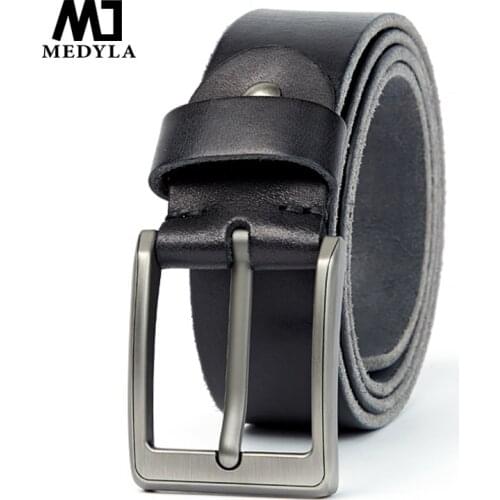 MEDYLA original leather belt for mens brushed steel pin buckle simple mens belt for jeans casual pants mens accessories