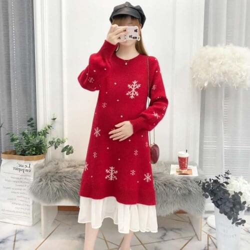 Christmas Winter Maternity Dress Woman Elegant Large Size Snowflake Print Long Dress Pregnant Woman Large Size Dress New Arrive