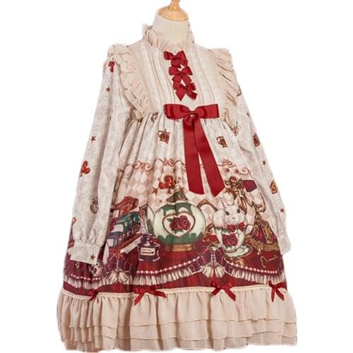 Lolita Dress Long Sleeve Crown Bear Printed Pleated Ruffles Chiffon Lolita One Piece Dress