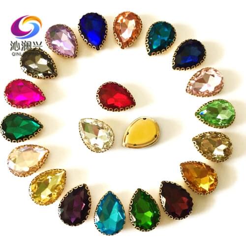 Mix color Drop shape top glass crystal lace claw rhinestones,golden base sew on stone for Diy/Clothing accessories HGS00