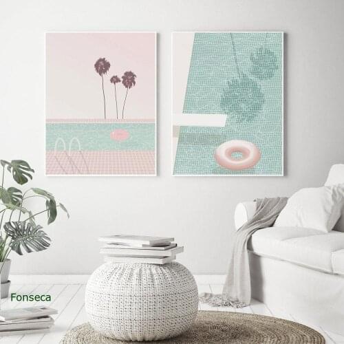 Modern Simple Minimalist Pink Swimming Pool Canvas Painting Palm Tree Poster Wall Art Pictures for Living Room Home Decor