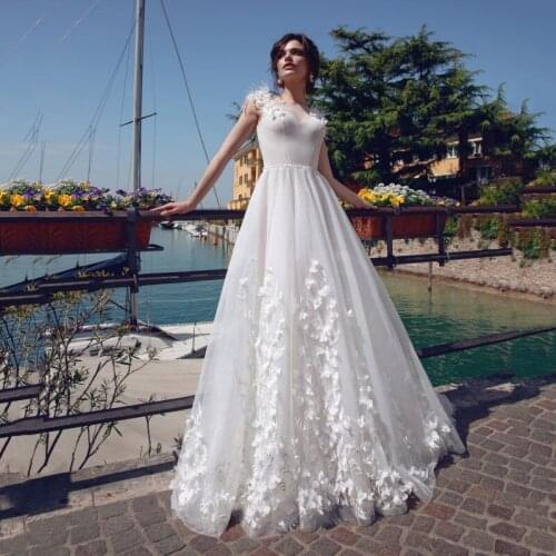 Thinyfull Princess Pearls Wedding Dresses A Line V Neck Cap Sleeve Bride Dresses Tulle Backless Lace Appliques Bridal Gown 2020