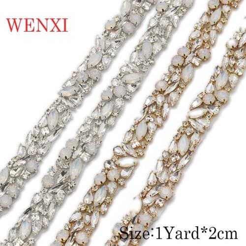 WENXI 10YARDS Wholesale Sparkle Crystal Rhinestone With opal For Wedding Sash Clear Silver Crystal Rhinestone Applique WX920