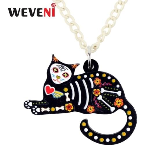 WEVENI Original Acrylic Halloween Elegant Floral Cat Necklace Pendant Collar Choker Anime Animal Jewelry For Women Girls Bijoux