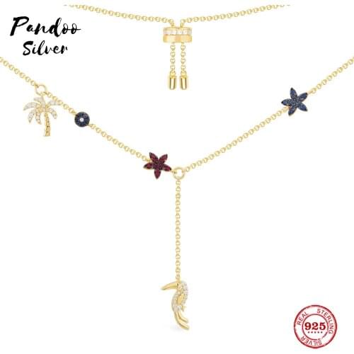 S925 Sterling Silver Jewelry 1:1 Copy,Collection TROPICANA,Tropical Flowers Palm Tree And Toucan Adjustable Necklace With Logo