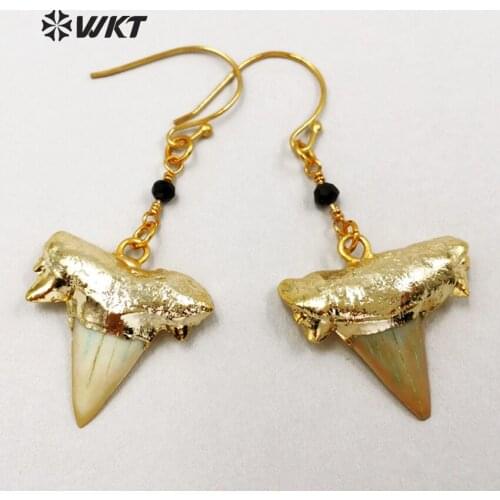 WT-E419 Cool Fossil Shark Tooth Dangle Earrings with 24K Metal Electroplated Women Jewelry Fashion Earring 2018 New