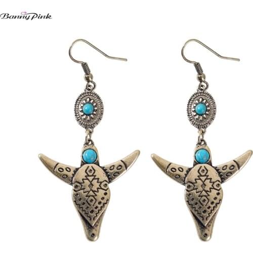 Banny Pink Tibetan Tribal Ox Dangle Earrings For Women Indian Pattern Geometric Statement Drop Earrings Gypsy Earrings Brincos