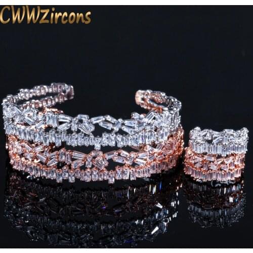 CWWZircons Fashion Brand Baguette Cubic Zirconia Rose Gold Cuff Ring and Bracelet Bangle Jewelry Sets for Women T312