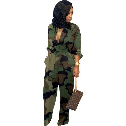Women Camouflage Pocket One Piece Long Sleeve Belt Button Female Lady Clothing Wide Leg Pants Jumpsuits Overalls