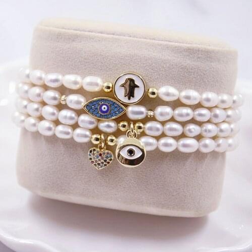 Natural Pearl Turkish Evil Eye Bracelet Women Classic Heart/Hand/Cross Weave Baroque Freshwater Pearl Charm Bangle Jewelry Gift