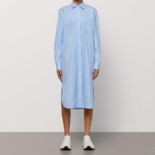 Women Dress Striped Yarn-dyed Cotton Shirt Dress Straight Simple Fit