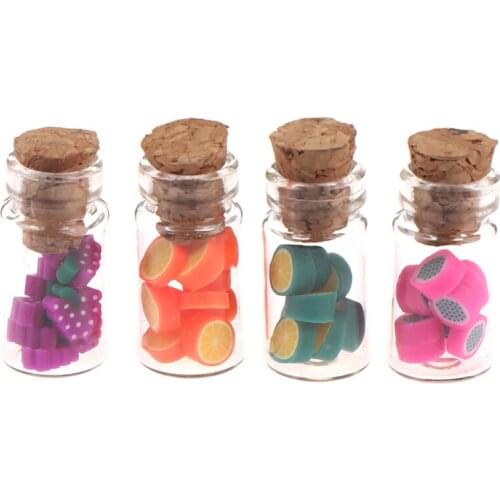 4pcs Simulation Mini Wooden Stopper and Fruit Slice Glass Bottle 1/12 Dollhouse Minaiture Play Kitchen Food for Doll Toy