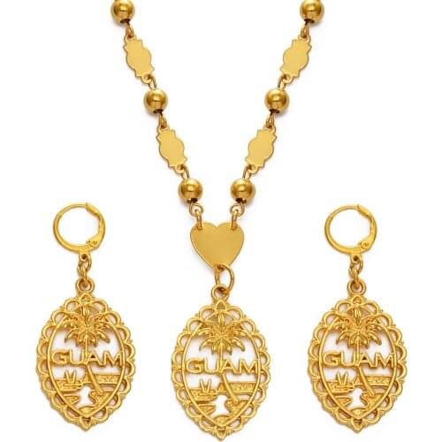 Anniyo Guam Flag Pendant Necklaces Earrings sets for Women Gold Color Bead Chains Jewelry Guam Gifts #195206P