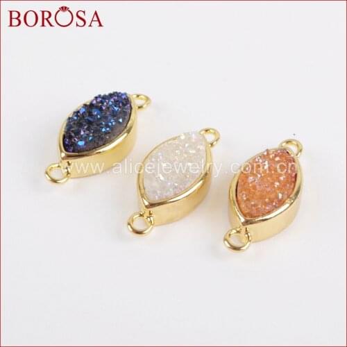 BOROSA 10PCS Crystal Connector Druzy Charm,Gold Bezel Marquise Rainbow Titanium Druzy Connector for Jewelry Findings ZG0156