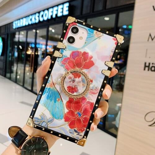 Phone Case For Samsung A51 A71 A11 A21S M51 A81 A20 A10e A31 M31 A01 A21 A91 M30S A20S A10S Cover Square Flower Ring Stand Coque