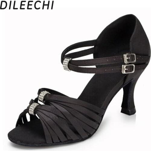 DILEECHI Women Red Satin Rhinestone Buckles Salsa Ballroom Tango Dance Shoes Latin Dance Shoes heel 7cm