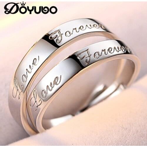 DOYUBO Romanti 925 Sterling Silver Lovers Rings Engraving Love you Forever Adjustable Size Silver Couples Wedding Rings VB231
