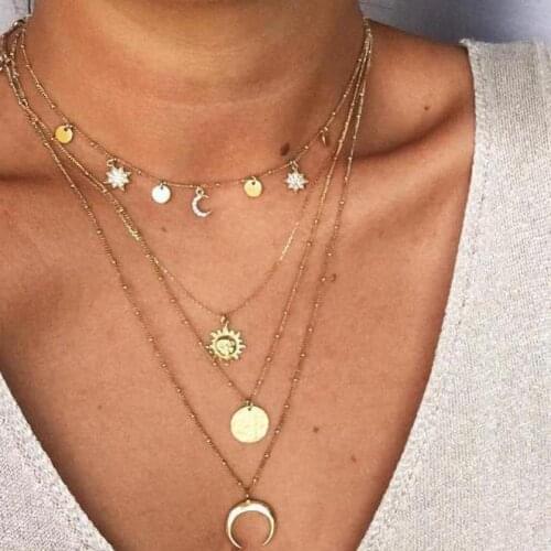 Multi Layered Necklace Set Star Tassel Choker For Woman Jewelry Layering Chains Horn Round Disc Moon Pendant Necklaces Collier