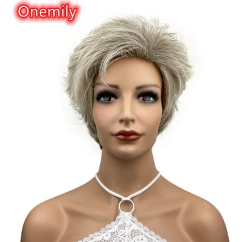 Onemily Short Straight Fluffy Heat Resistant Synthetic Wigs for Women Girls Theme Party Evening Out Dating Fun Gray Mixed