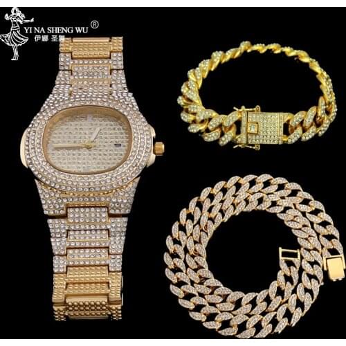 Gold Color Necklace +Watch+Bracelet Hip Hop Miami Curb Cuban Chain Iced Out Paved Rhinestones CZ Bling Rapper For Men Jewelry