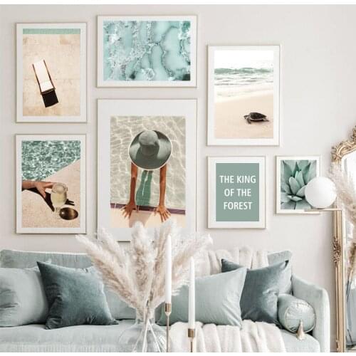 Beach Swimming Pool Agave Sea Turtle Girl Wall Art Canvas Painting Nordic Posters And Prints Wall Pictures For Living Room Decor