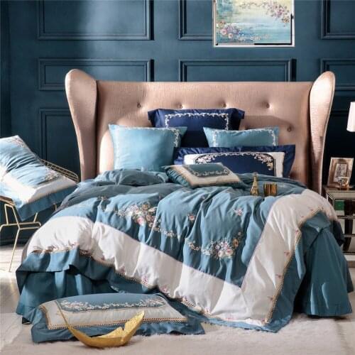 100S Egyptian Cotton Luxury Embroidery Royal Bedding Set King Queen Wedding Bed Sheet Cover set Duvet Cover 4pcs White Blue